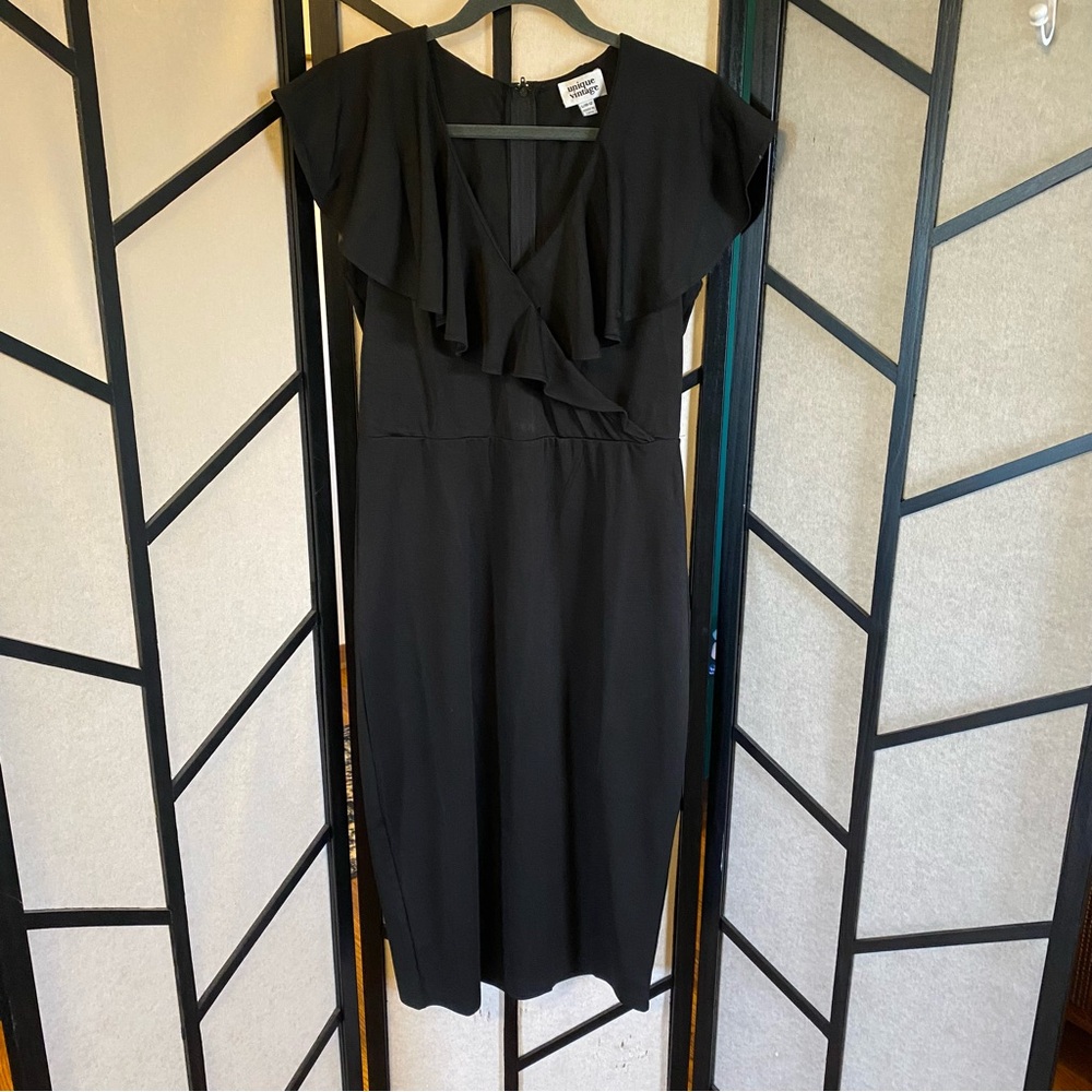 Unique Vintage Black Midi Dress with Ruffle Detail